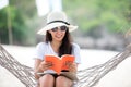 Lifestyle young woman using laptop working and reading book for relax on the beach. Royalty Free Stock Photo